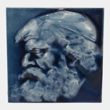 J And JG Low 1880s Art Pottery Blue Glaze Bearded Man Portrait Tile In Relief