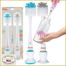 Nuby Bottle Nipple Brush 2pk Soft Bristles Stand Blue Grey Baby Bottle Cleaning