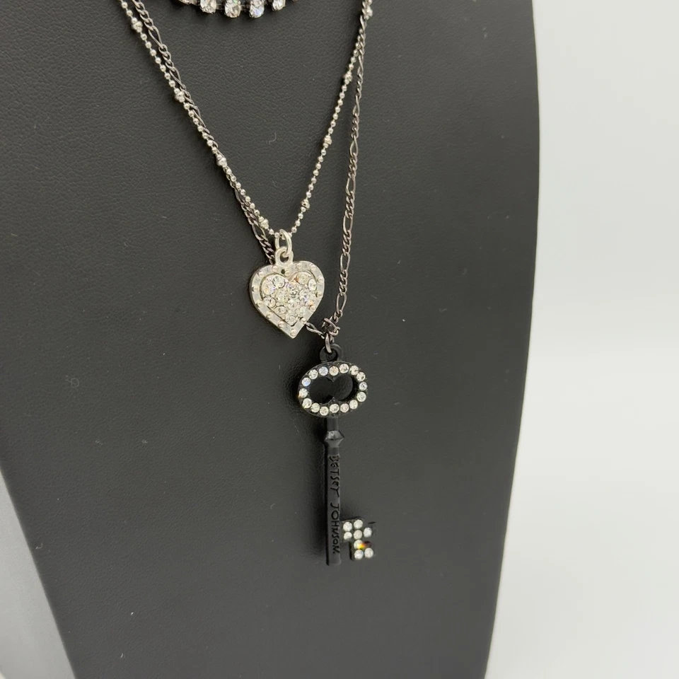 Betsey Johnson Layered Necklace Key Heart Pendants Rhinestones Bow Accents - Image 2 of 4