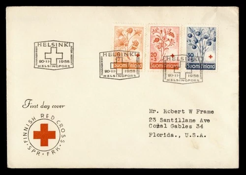 DR WHO 1958 FINLAND FDC RED CROSS FLOWER SEMI POST COMBO M68405