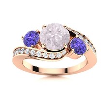 Three Stone Rose Quartz  Tanzanite Round 925 Sterling Silver Rose Plated Ring
