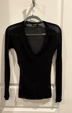 Bebe Sport Black Mesh V-Neck SZ Medium Long Sleeve Top Stretch.Festival Y2K 