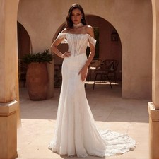 Lace Beading Mermaid Wedding Dress Off Shoulder Strapless Open Back Bride Gown