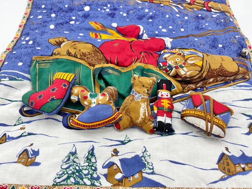 Vintage Christmas Santa Sleigh Fabric Quilt: Wall Hanging Panel Toys Advent - Image 4 of 4