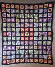 Vintage Crochet Granny Square Afghan Blanket, Black Multicolor, 52"x63"
