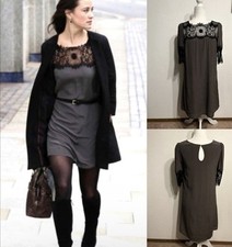 Anthropologie Silk 100% Gray A-line Black Laces Women Dress Size M/8-10