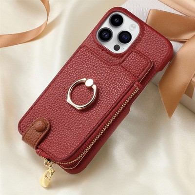 Fr iPhone 16 15 14 13 12 11 Plus Pro Max Flip Zipper Card Wallet Case With Ring+