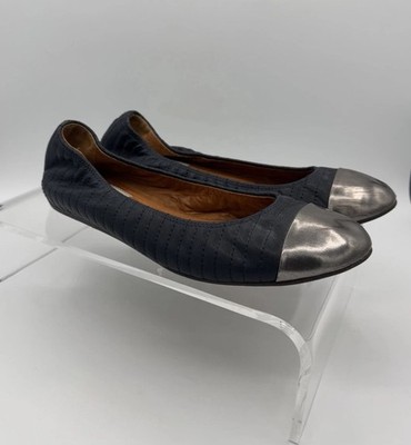 LANVIN Leather Ballet Flats Size 40~Navy Blue~Silver Rounded Toe~Luxury