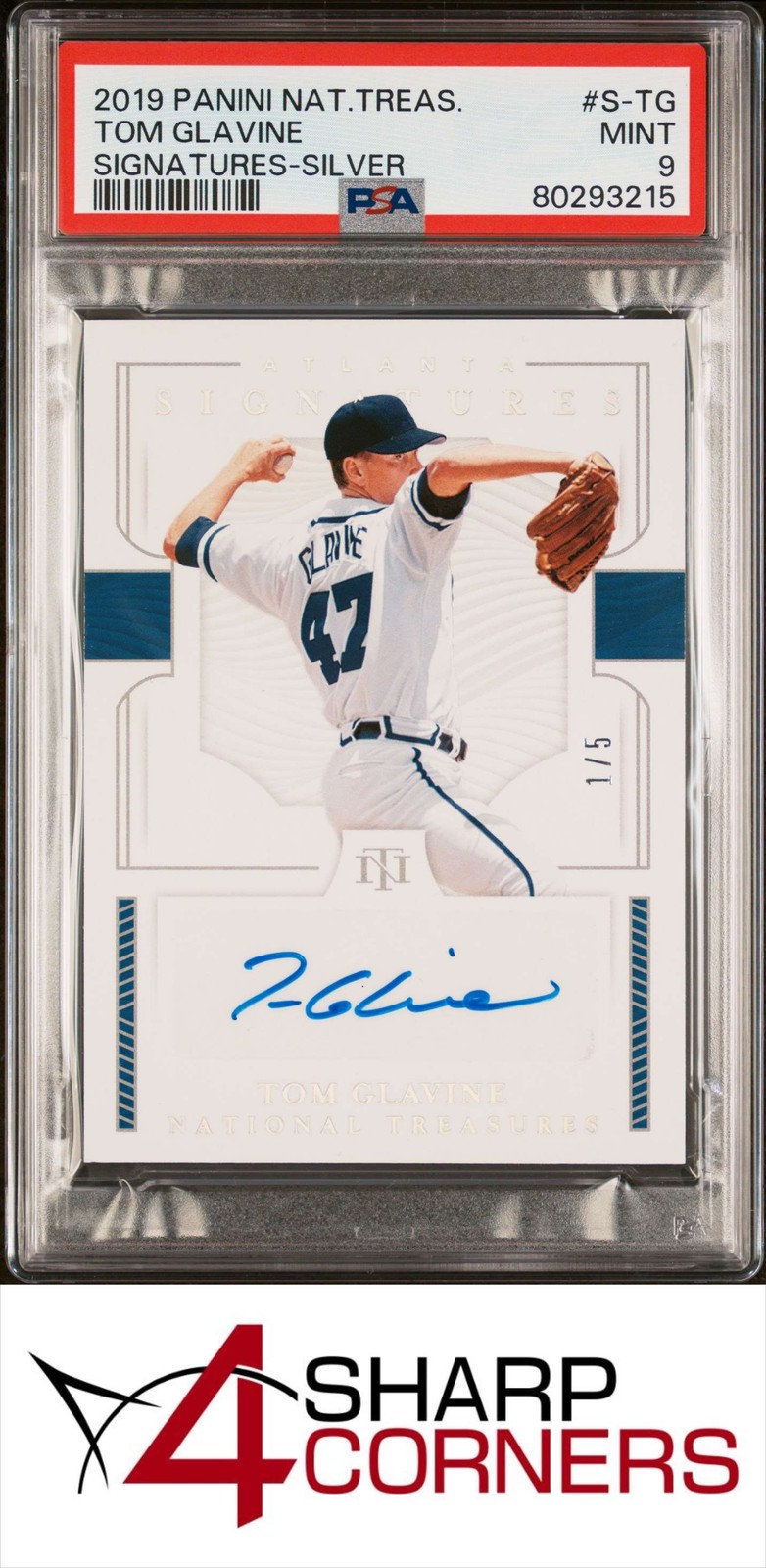 2019 NATIONAL TREASURES SIGNATURES SILVER AUTO TOM GLAVINE HOF #/5 POP 1 PSA 9