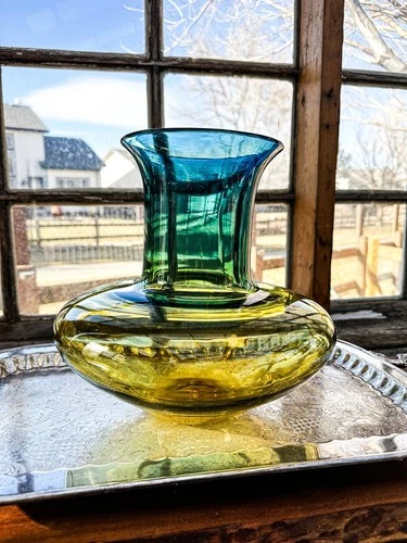 Blenko Two Toned Art Glass Vase Mid Century Modern Blue Yellow