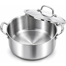 11" Stainless Steel Stock Pot with Lid for 5-8 Servings, 7.3 QT Tri-Ply Soup