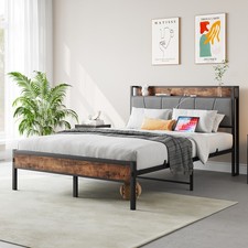 Full Size Bed Frame, Storage Headboard with Charging Station, Solid and Stable