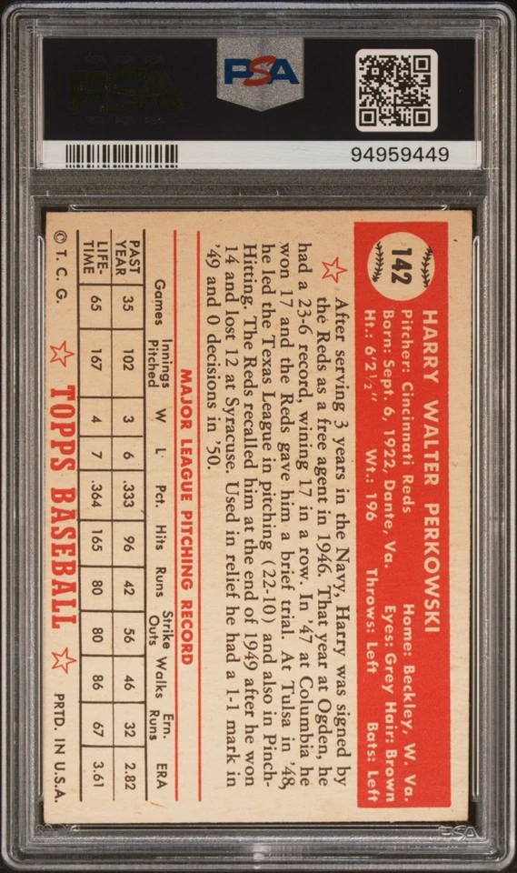 1952 Topps - Harry Perkowski #142 White Back (RC) - Newly graded PSA 5.5 - LOOK! - Image 2 of 2