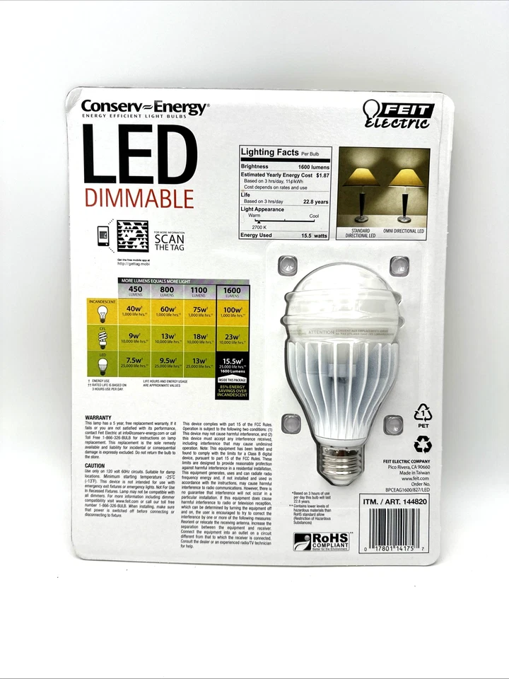 Feit Conserv-Energy LED Dimmable 100 Watt Soft White 1600 Lumens 15.5w Bulb - Image 2 of 2