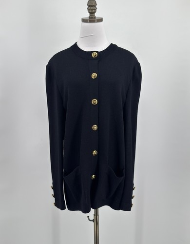 St. John Basics Black Santana Knit Gold Button Long Sleeve Jacket Sz L
