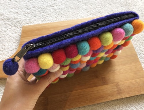 Colourful Felt Ball Purse/Pouch (dark blue back) - Handmade In Nepal - Picture 6 of 10