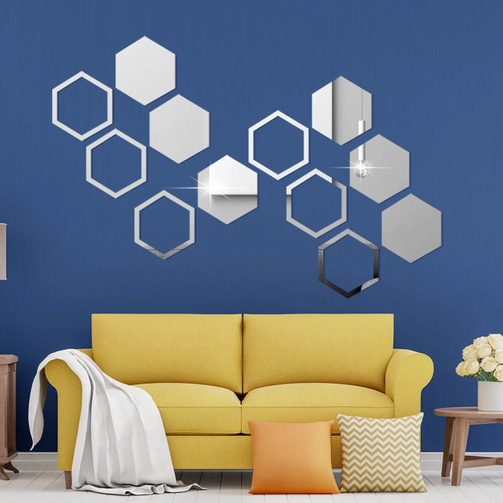 12PCS Set Hexagon Acrylic Mirror Wall Stickers Decals Self