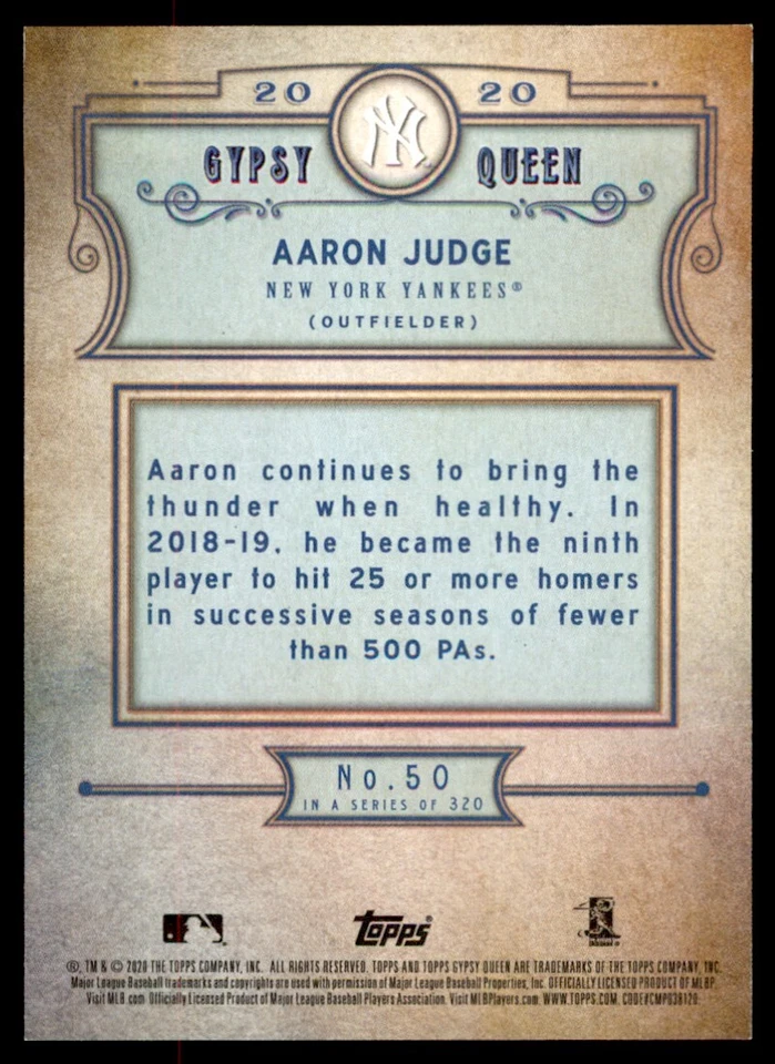 2020 Topps Gypsy Queen Silver #50 Aaron Judge - Image 2 of 2