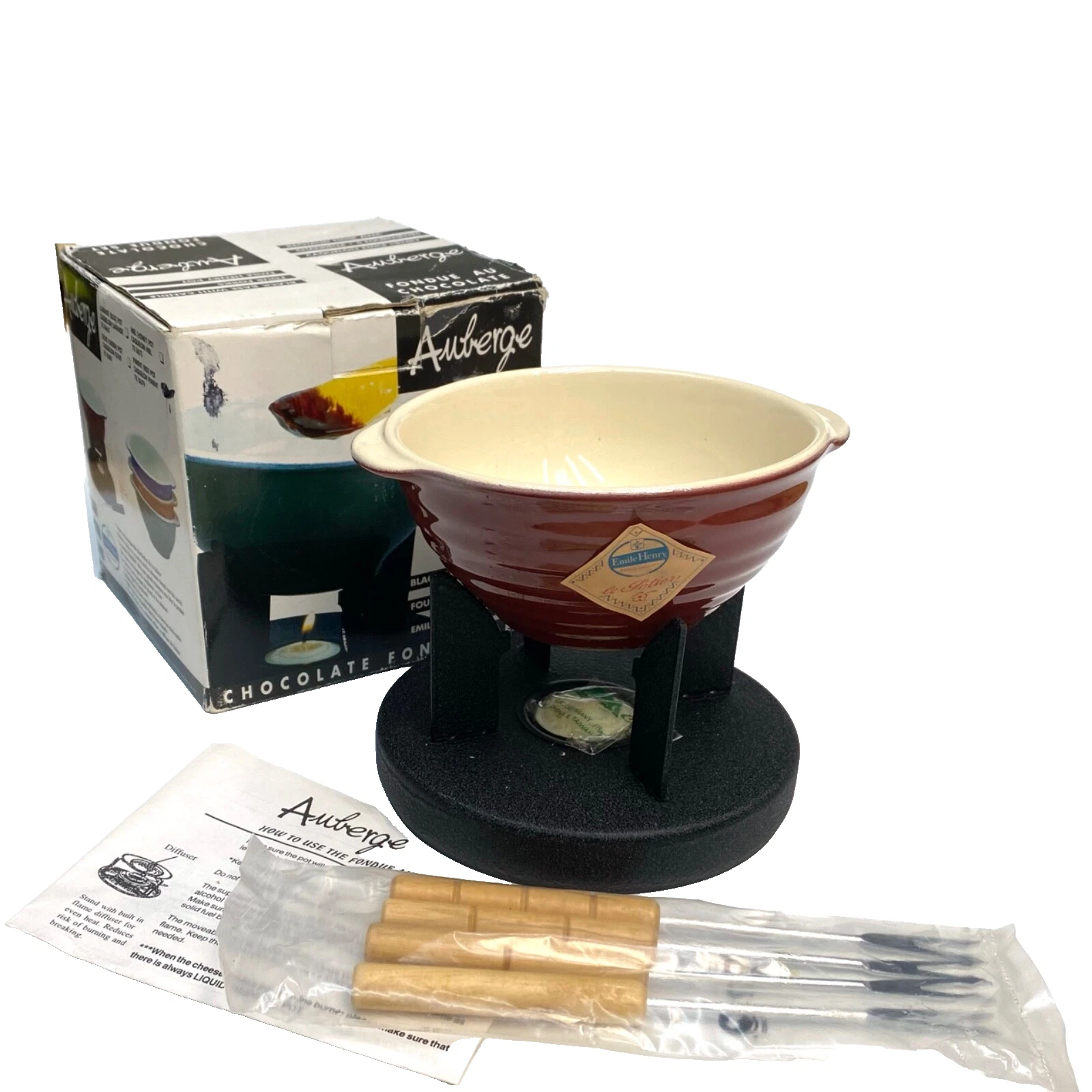 Auberge Chocolate/Cheese Fondue Set with 4 Forks, Candle and Instructions NOS