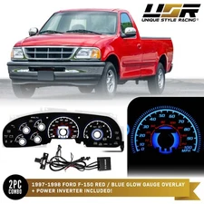 BLUE Glow Gauge Black Overlay For 97-98 Ford F150/F-150 Truck/Expedition Cluster