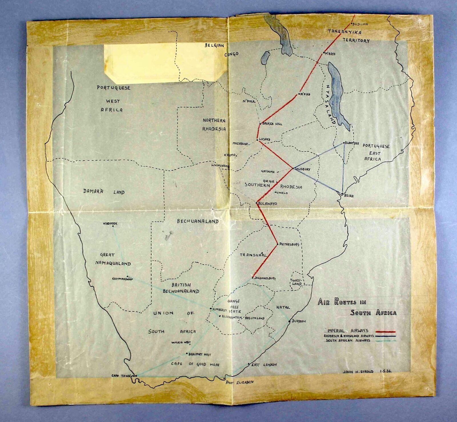 Mapa de ruta de colección de Imperial Airways en Sudáfrica - 1936 John Stroud Tracing