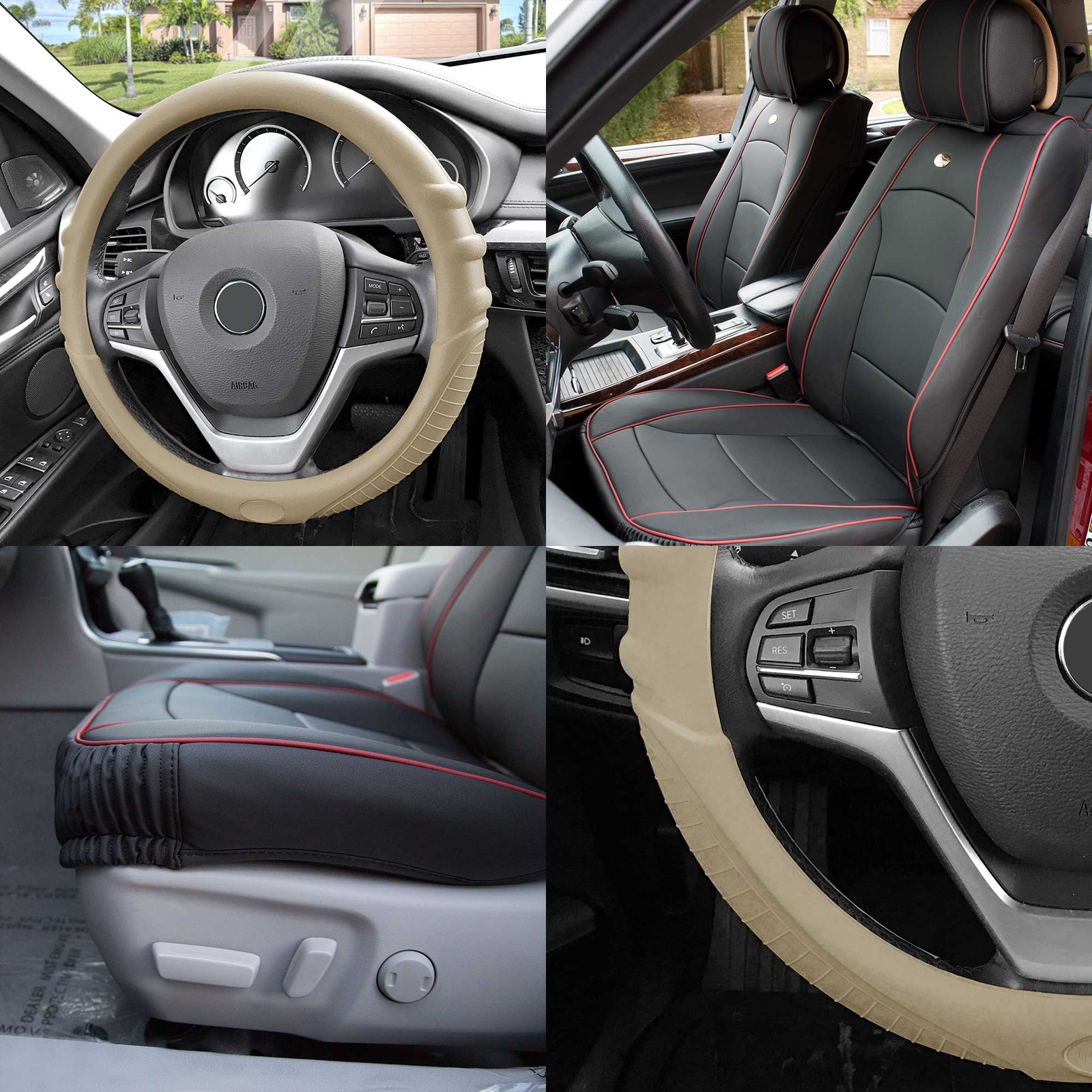 Leatherette Seat Cushion Bucket Pair Black Red w/ Beige Steering Cover For Sedan