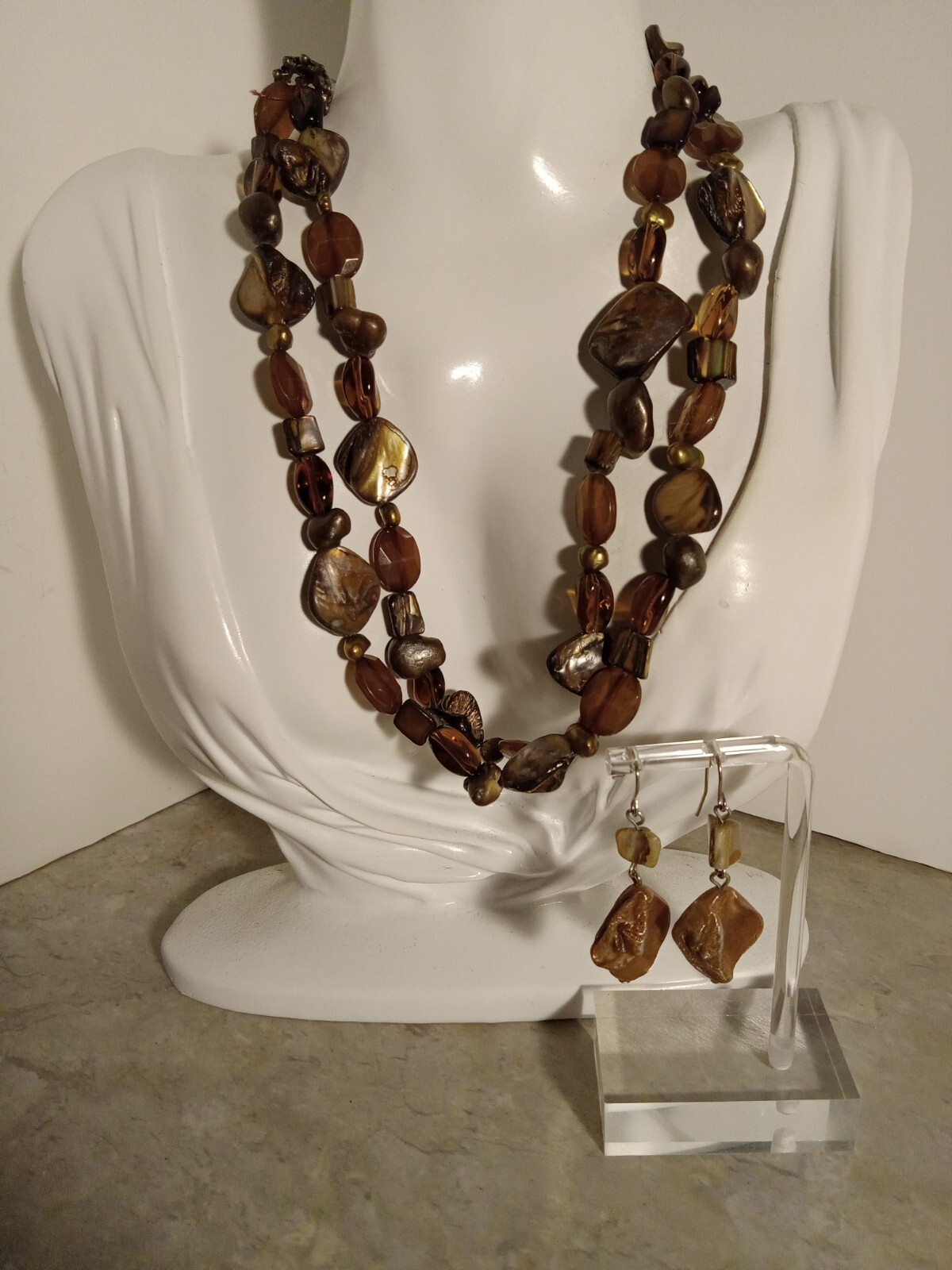 Brown Shell Bead Double Strand Necklace Dangling … - image 4