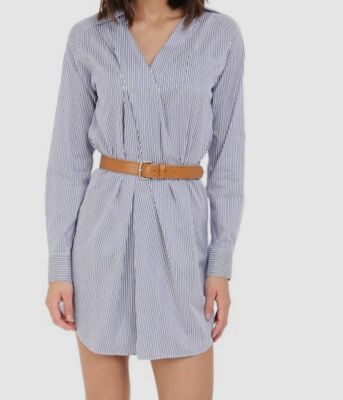 $1299 Dsquared2 Italy Women Blue White Stripe V-Neck Belted Long-Sleeve Dress 46