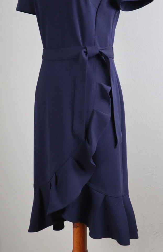 CALVIN KLEIN $129 Structured Solid Navy Crepe Belted Ruffle Dress Size 6 - Image 2 of 4