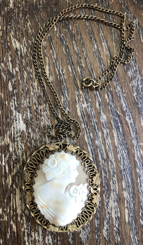 Vintage Brass Bold Carved Shell Cameo Dimensional Lady Floral Pendant w Chain 
