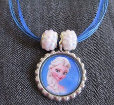 Navy Blue Ribbon Bottle Cap Charm Necklace Beads Frozen Ice Princess Elsa Snow