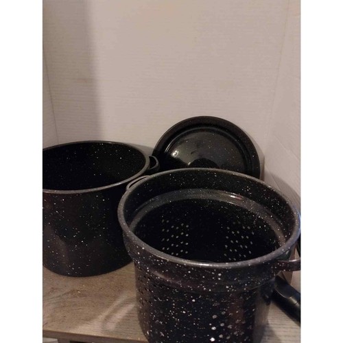 Black Speckle Enamel Ware Graniteware 9” Stock Pot & Strainer with Lid 6 Qt - Picture 3 of 10