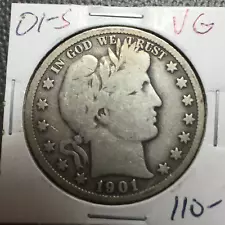 1901-S  VG   Barber Half Dollar  LY and part IT  Better Date   Combined Shipping