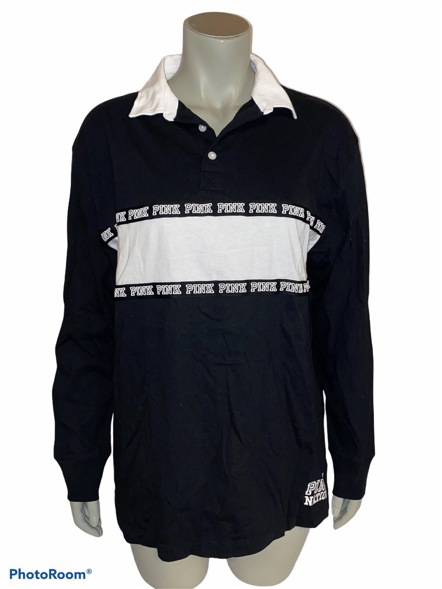 PINK Victoria's Secret Black White Logo Rugby Oversized Polo Shirt