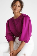 Anthropologie Farm Rio Puff Sleeve Blouse Embroidered Bib Purple Size SP NEW