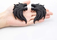 2Pcs 3D Wolf Head Metal Emblems Car Motorcycles Side Fender Rear Badge (Black)