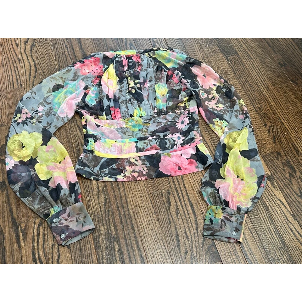 Blusa Tuleh Mujer Multicolor Floral Semi Transparente Manga Larga Recortada Botón S? Foto 2 de 4