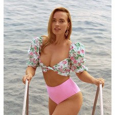 Hill House Home Isabella Top Pink Roses Puff Sleeve Smocked Crop Size M NEW