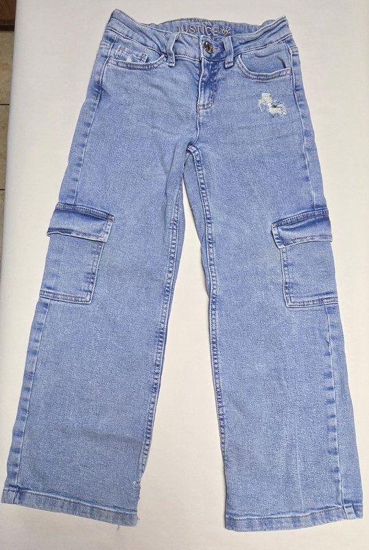 Justice Cargo Denim Blue Jeans Girls 8 Wide Leg Distressed Pants