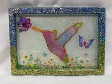 One of a Kind, Handcrafted Hummingbird Resin Plaque -Stunning Holograpic Sticker