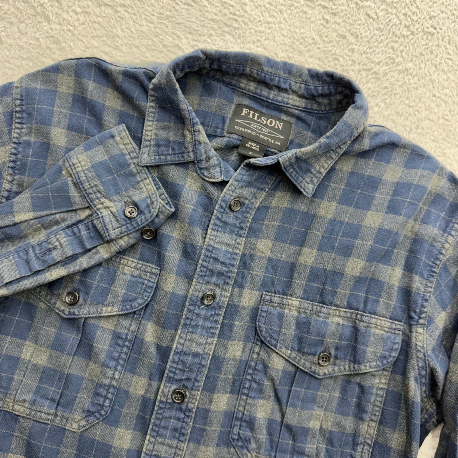 Filson Mens Blue Grey Buffalo Check Cotton Flannel Button Down Work Shirt Small