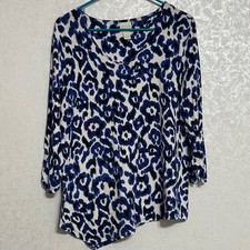 Chico's Tunic Top Blue White Leopard Print Asymmetrical Hem 3/4 Sleeve Sz 2 L