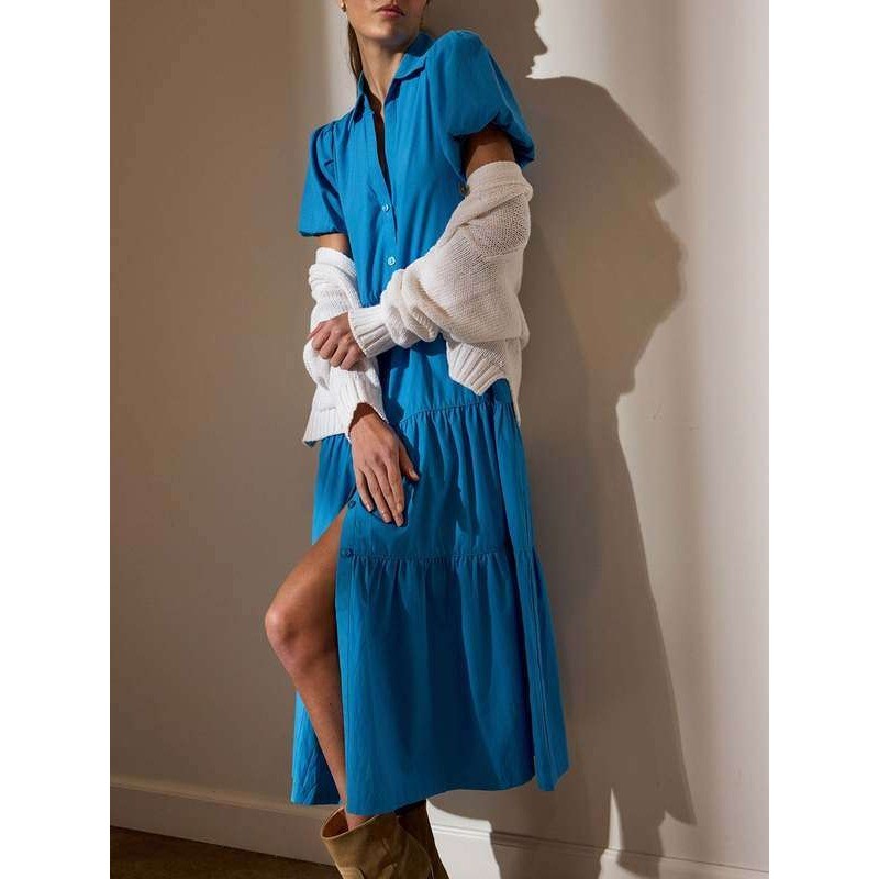 BROCHU WALKER TIERED BUTTON DOWN MIDI DRESS TEAL MEDIUM