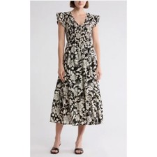 August Sky Nordstrom Floral Cap Sleeve Maxi Dress Womens L Smocked Sundress NWT