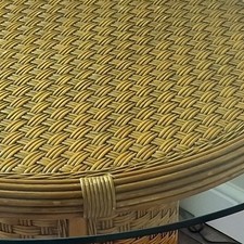 Round Brown Rattan Accent Table with Glass Top, 74cm H x 91cm W And 4 Chairs