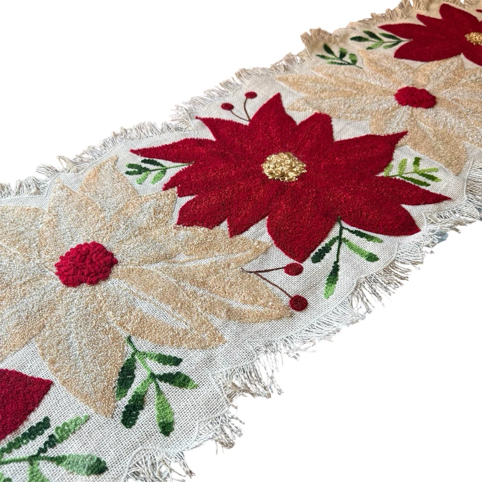 Antigo Natal Bordado Poinsétia Holly Berry Corredor de Mesa Índia Juta 54”x15” - Imagem 4 de 4