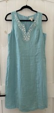 Beautiful New Linen Charter Club Aqua Blue Beaded Details Dress Size 8  Coastal