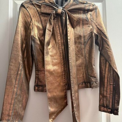AKIRA Metallic Gold Coated Denim Top   Neck Bow Tie, Back Zip, NWOT