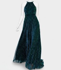 Betsy  Adam Women's Green Metallic Lined Halter Sleeveless Gown Dress Size 4