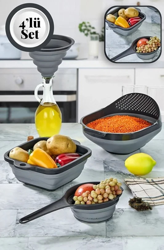 4PCS Collapsible Silicone Kitchen Funnel & Strainer Set Foldable Food Colander B